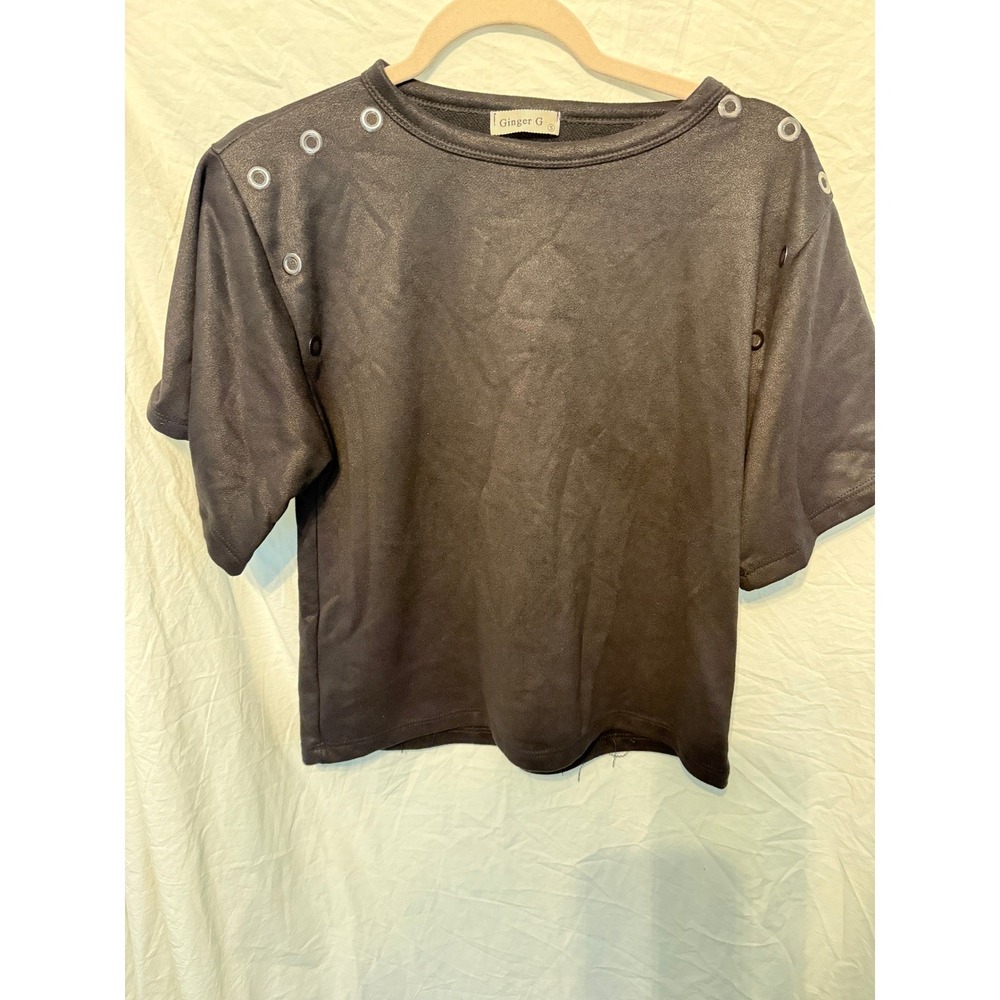 Ginger G Womens Black Faux Leather Grommet Shoulder Short Sleeve Top Size Small